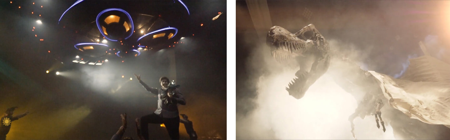 Une image double de l'apparition d'un OVNI et d'un dinosaure dans le spectacle de David Copperfield - Las Vegas.