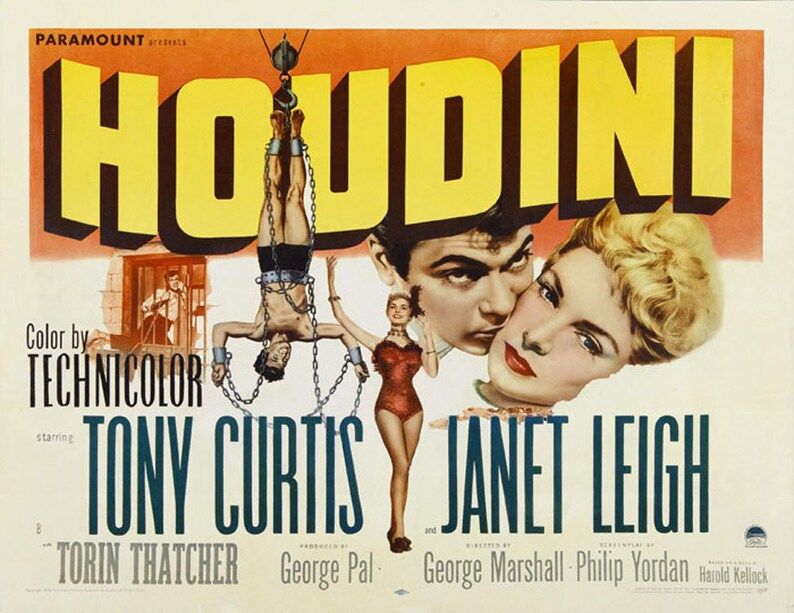 Een affiche van de film over het leven van Houdini met Tony Curtis en Janet Leigh in de hoofdrollen.