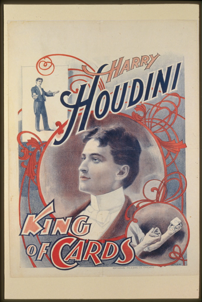 Een vintage poster voor een magieshow van Harry Houdini, met de tekst Harry Houdini, koning van de kaarten